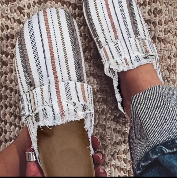 Striped Raw Edge Fabric Flat Clogs, Size 11, NWT - Picture 3 of 4
